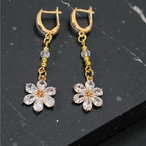 Gold and Crystal Flower Dangle Earrings